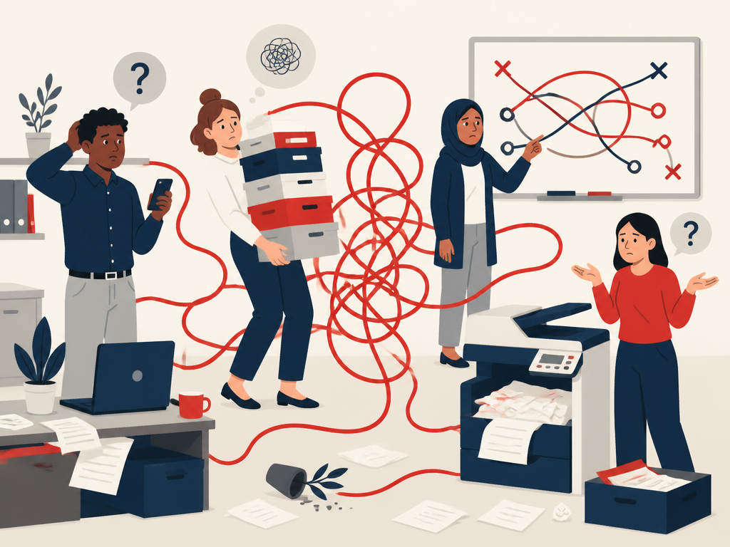 A frustrated team tangled in a broken process: confusion, rework and late nights