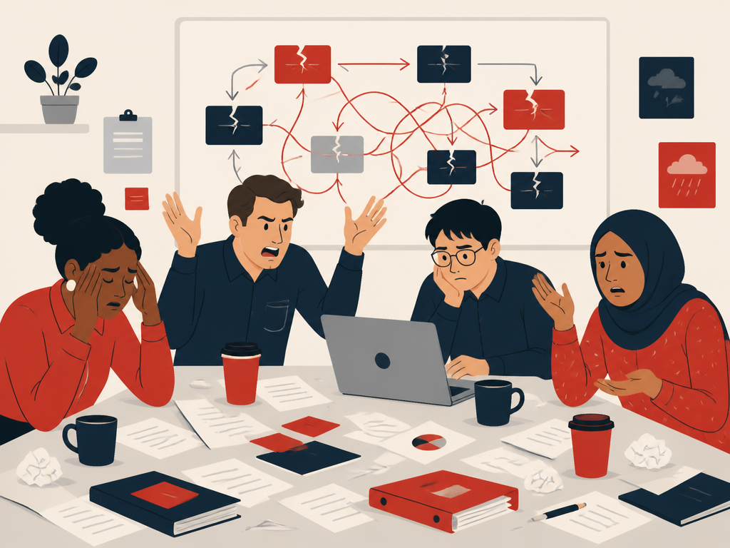 A diverse, frustrated team around a messy desk, the daily pain of a broken process shared by everyone