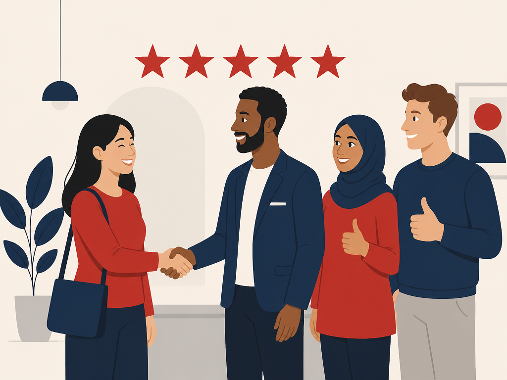 Happy customers shaking hands with a smiling team, service that just works