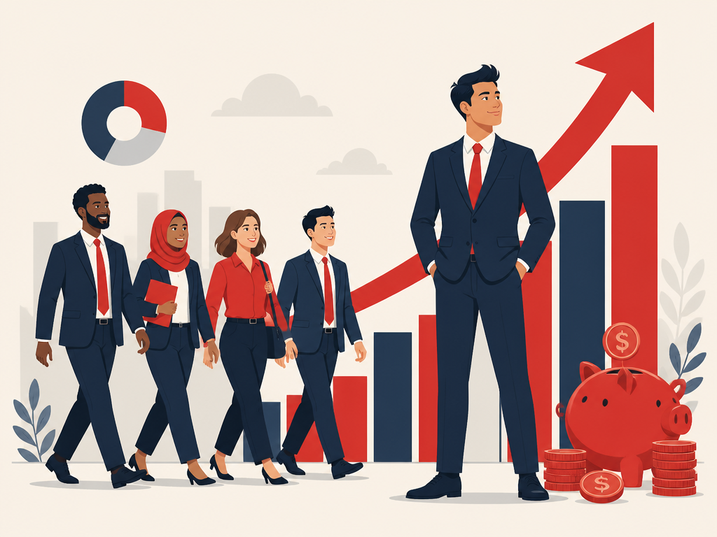 A business growing: more customers, more revenue and a confident owner watching the numbers rise